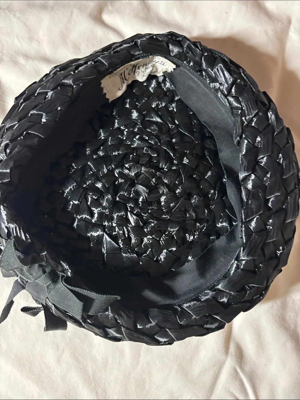 Vintage Black Woven Straw Cloche Hat